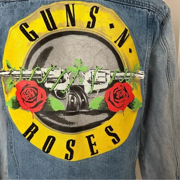 Guns N’ Roses Distressed Denim Trucker Band Jacket Leopard Faux Fur Collar M - Picture 12 of 15